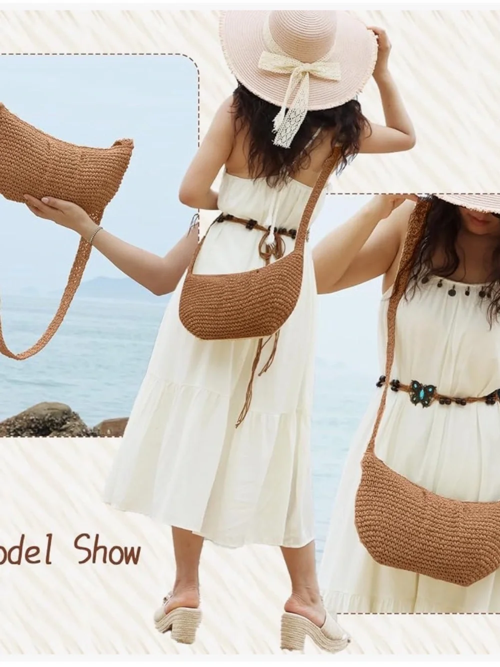 Minimalist Brown Woven Straw Crossbody Bag -Pleated Dumpling Shoulder Handbag